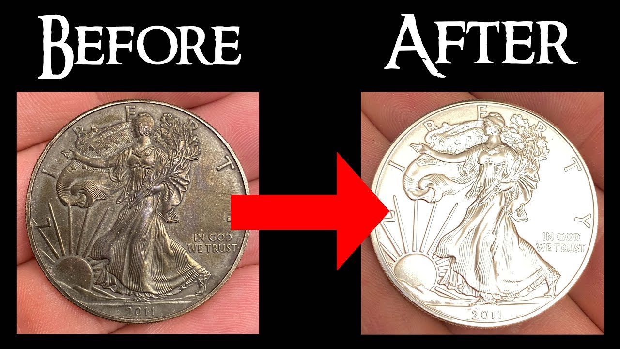Before and after polishing a silver coin with a polishing cloth