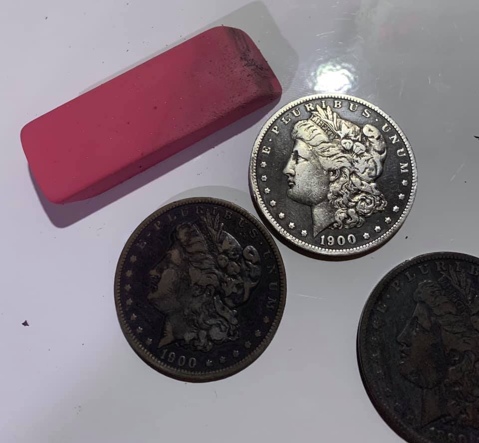 Pink Pearl eraser with a finished patina coin